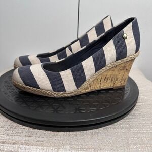 LifeStride Navy‎ Cream Stripe Wedge Espadrille Heels Women's Size 8.5